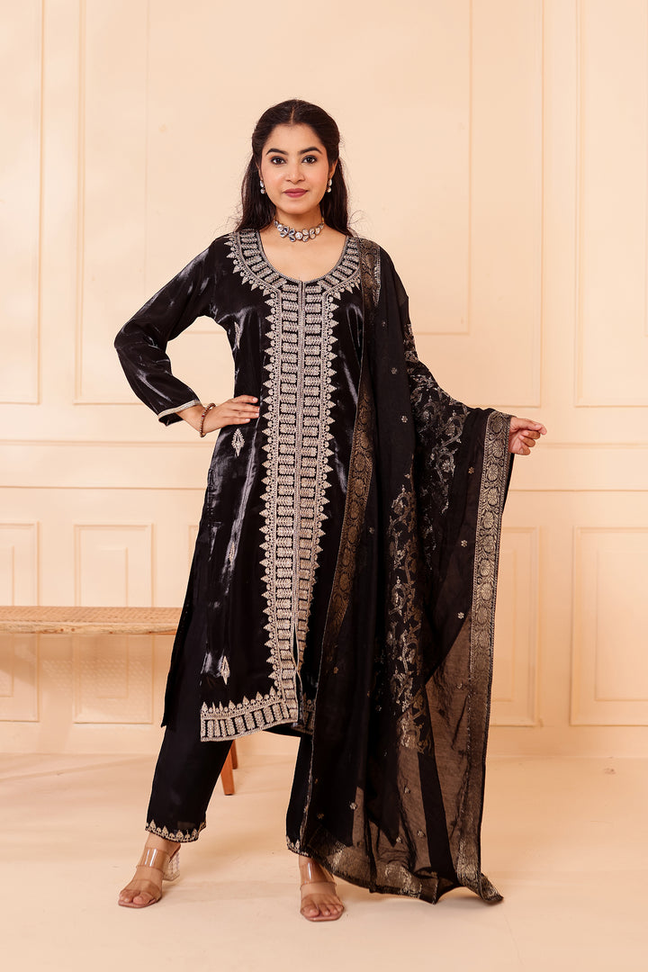 Black Soft Shimmer Silk Straight Cut Kurta Set.