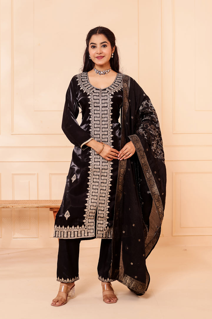 Black Soft Shimmer Silk Straight Cut Kurta Set.