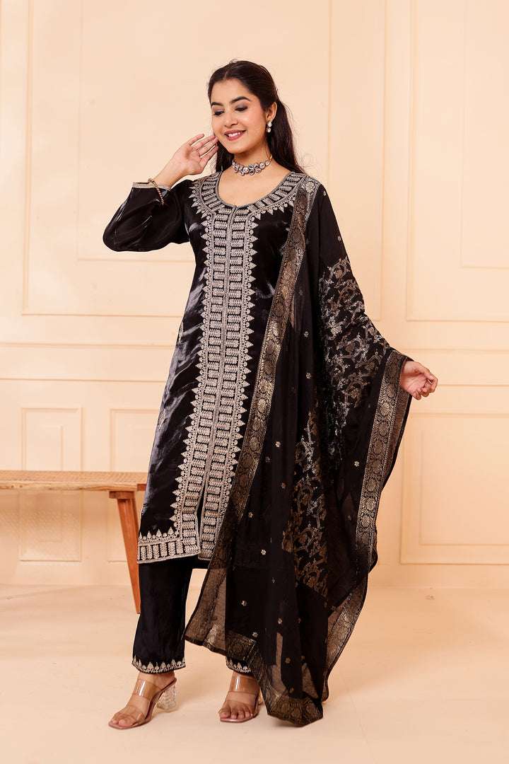 Black Soft Shimmer Silk Straight Cut Kurta Set.