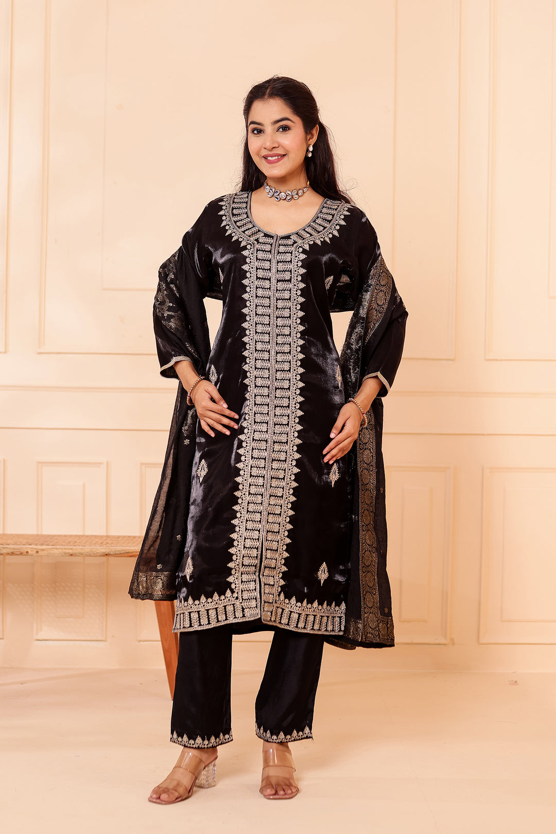 Black Soft Shimmer Silk Straight Cut Kurta Set.