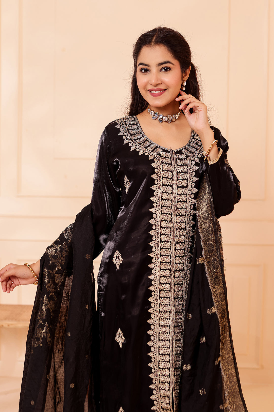 Black Soft Shimmer Silk Straight Cut Kurta Set.
