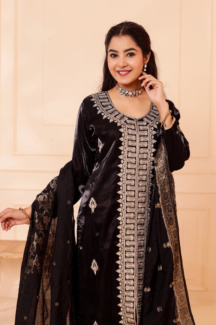 Black Soft Shimmer Silk Straight Cut Kurta Set.