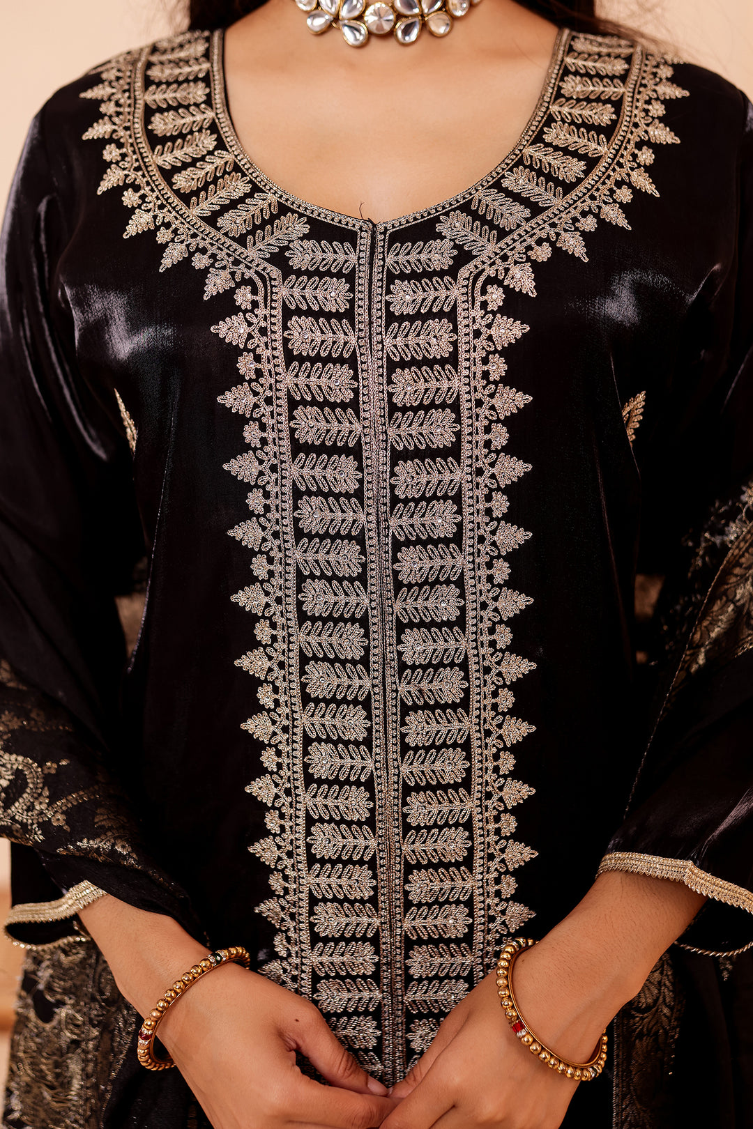 Black Soft Shimmer Silk Straight Cut Kurta Set.