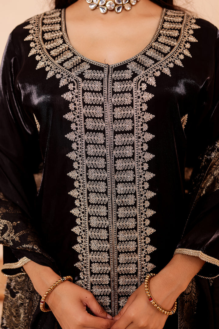 Black Soft Shimmer Silk Straight Cut Kurta Set.