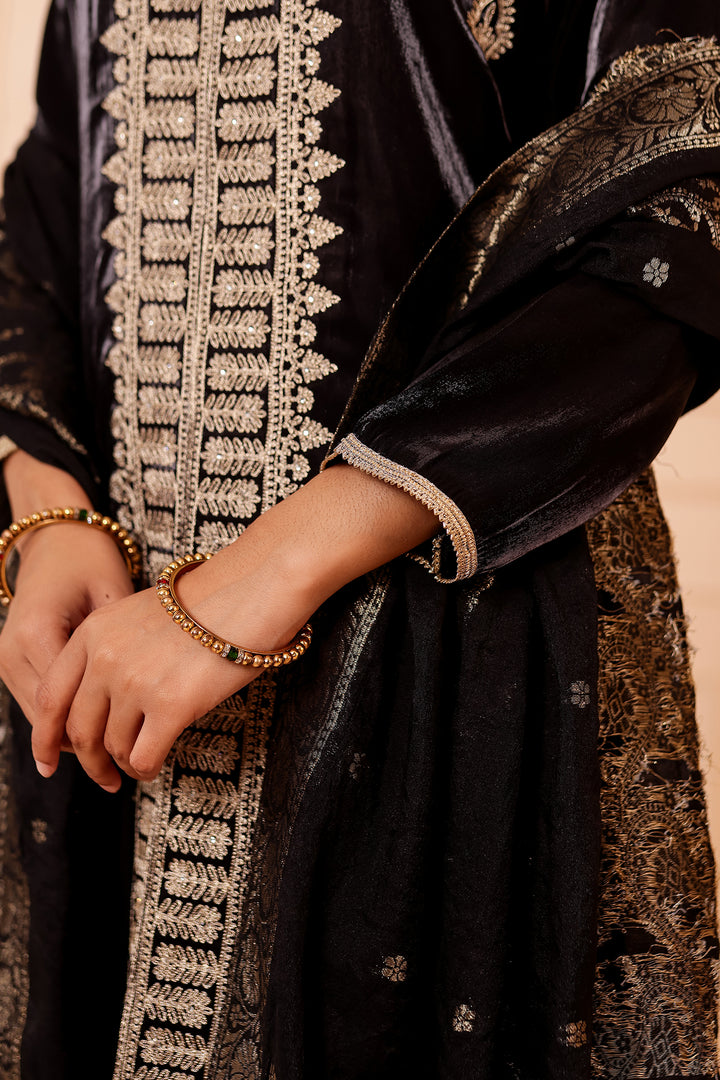 Black Soft Shimmer Silk Straight Cut Kurta Set.