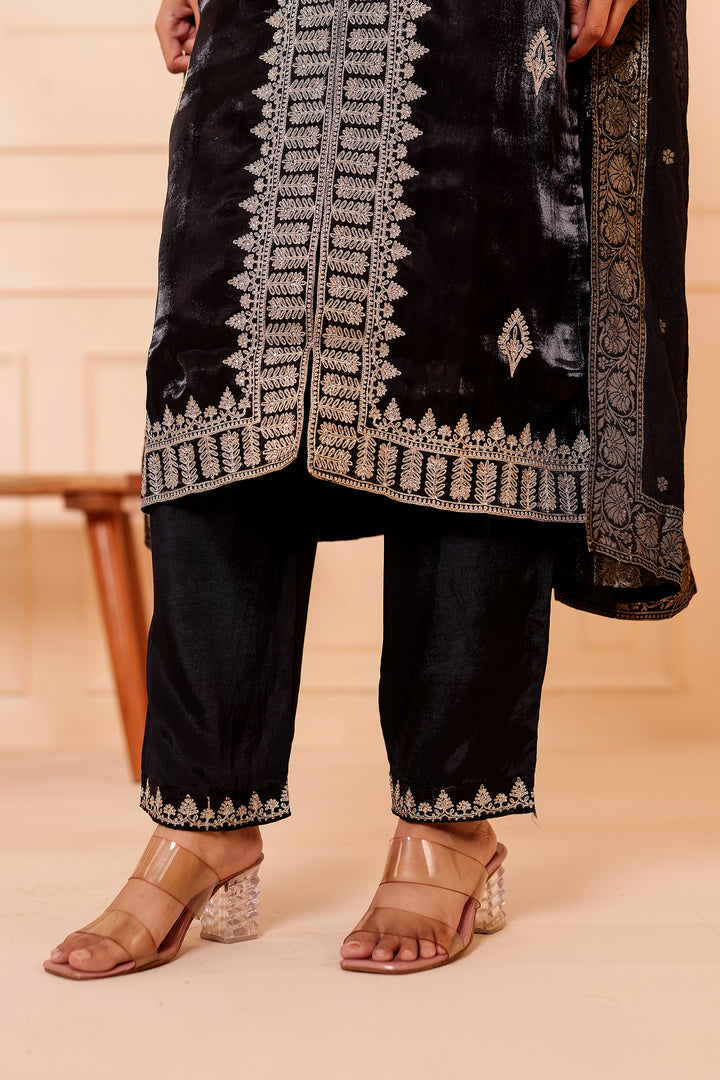 Black Soft Shimmer Silk Straight Cut Kurta Set.
