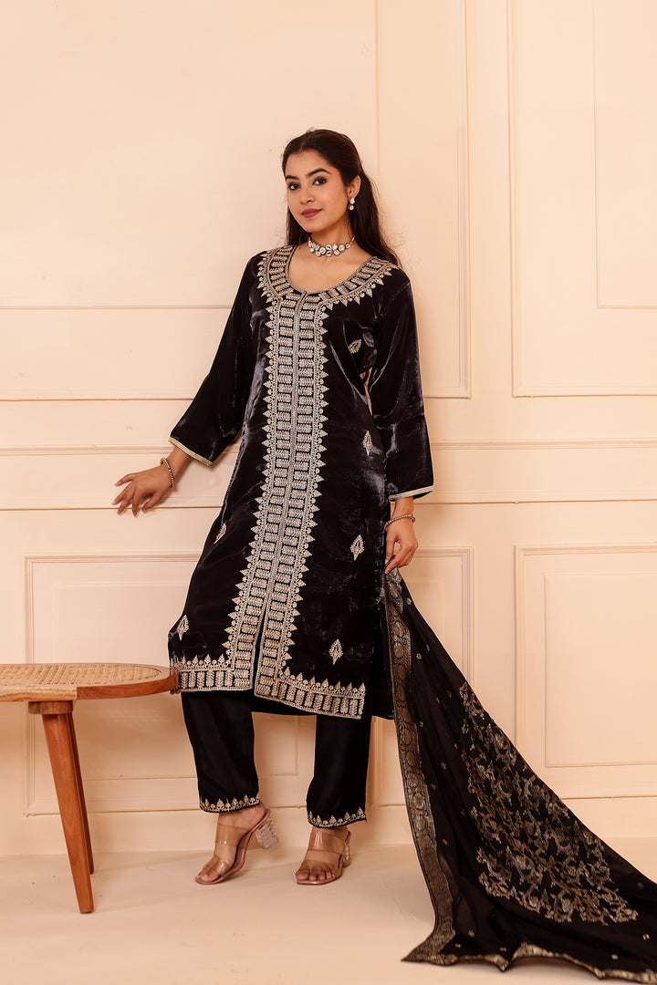 Black Soft Shimmer Silk Straight Cut Kurta Set.