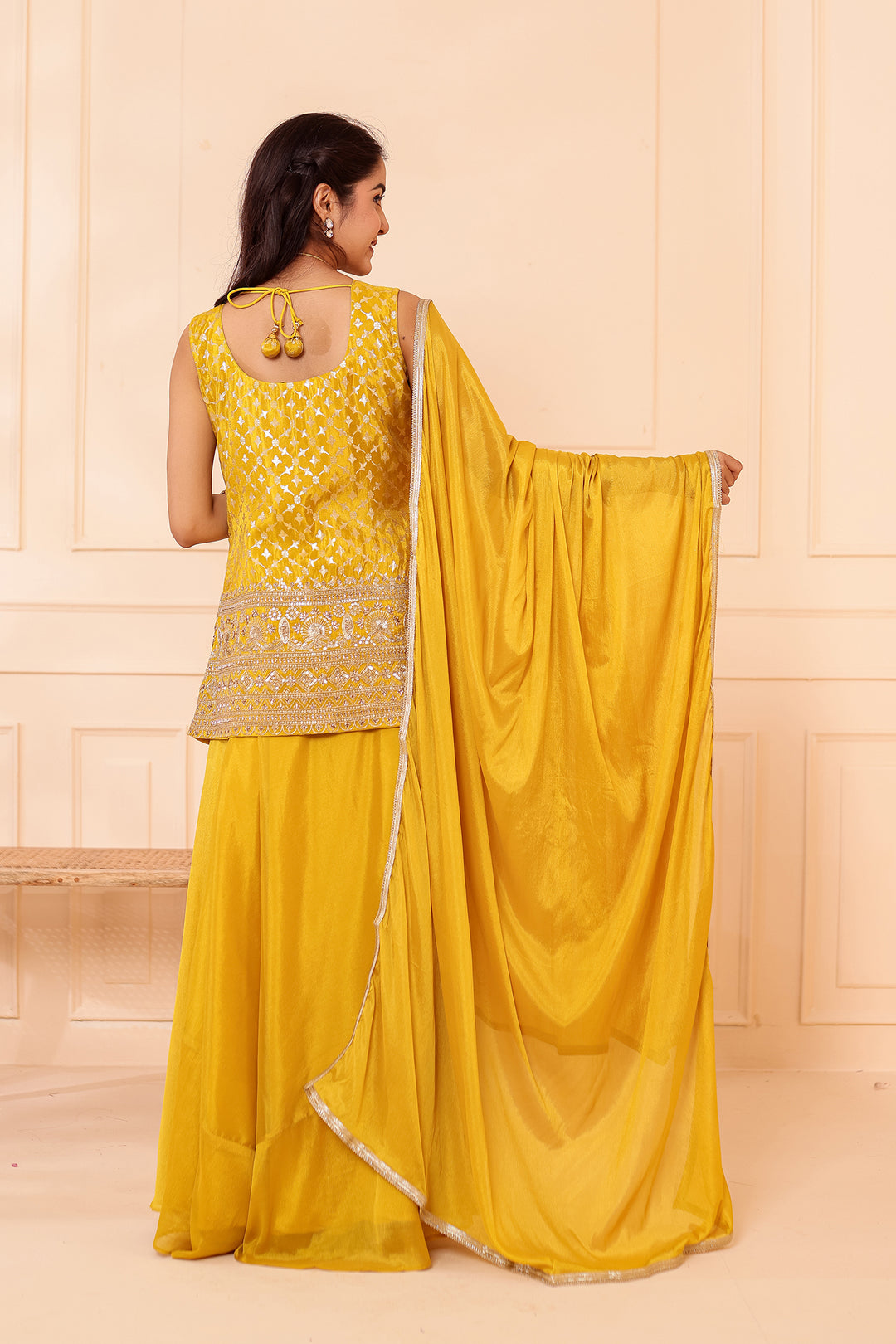 Mustard Banarsi Brocade Silk Palazzo Suit.