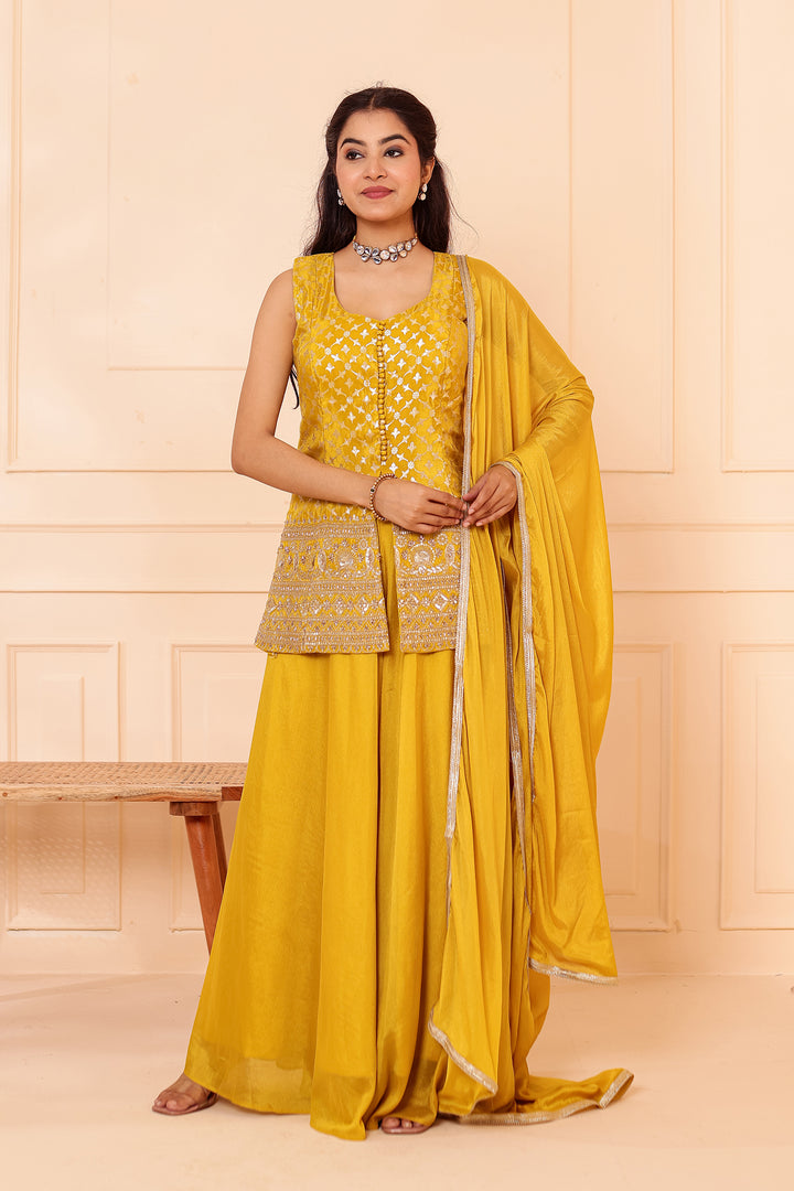 Mustard Banarsi Brocade Silk Palazzo Suit.