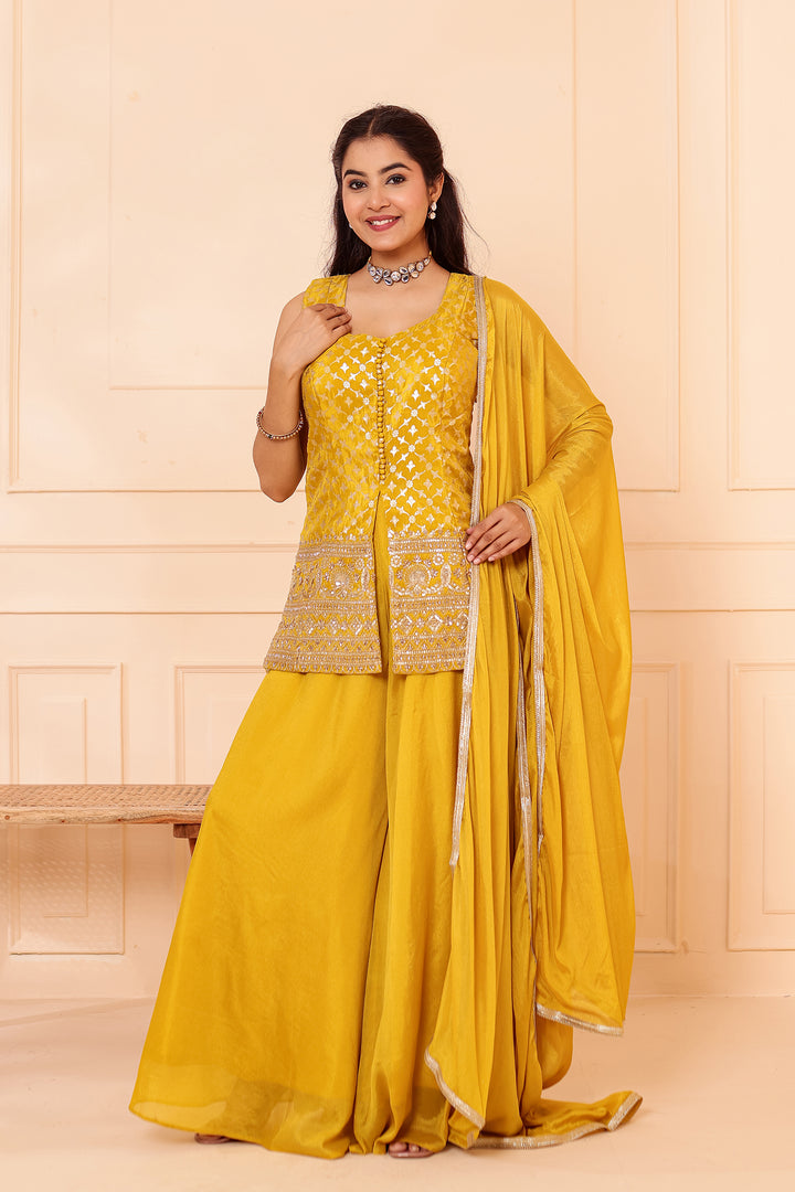 Mustard Banarsi Brocade Silk Palazzo Suit.