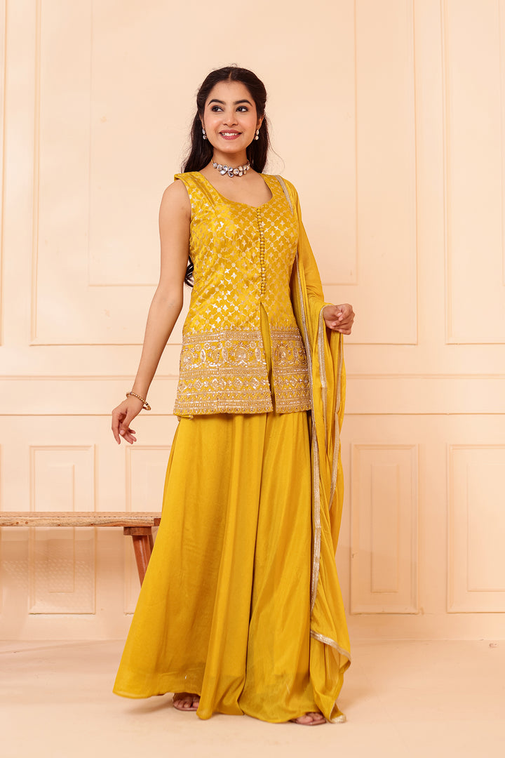 Mustard Banarsi Brocade Silk Palazzo Suit.