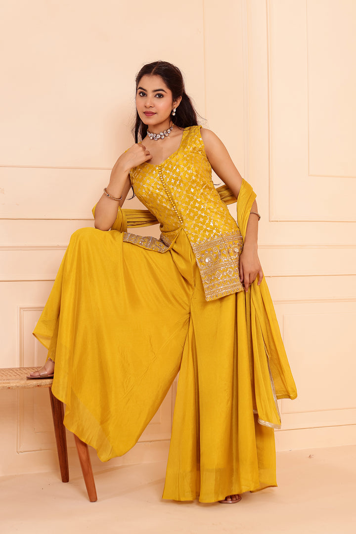 Mustard Banarsi Brocade Silk Palazzo Suit.