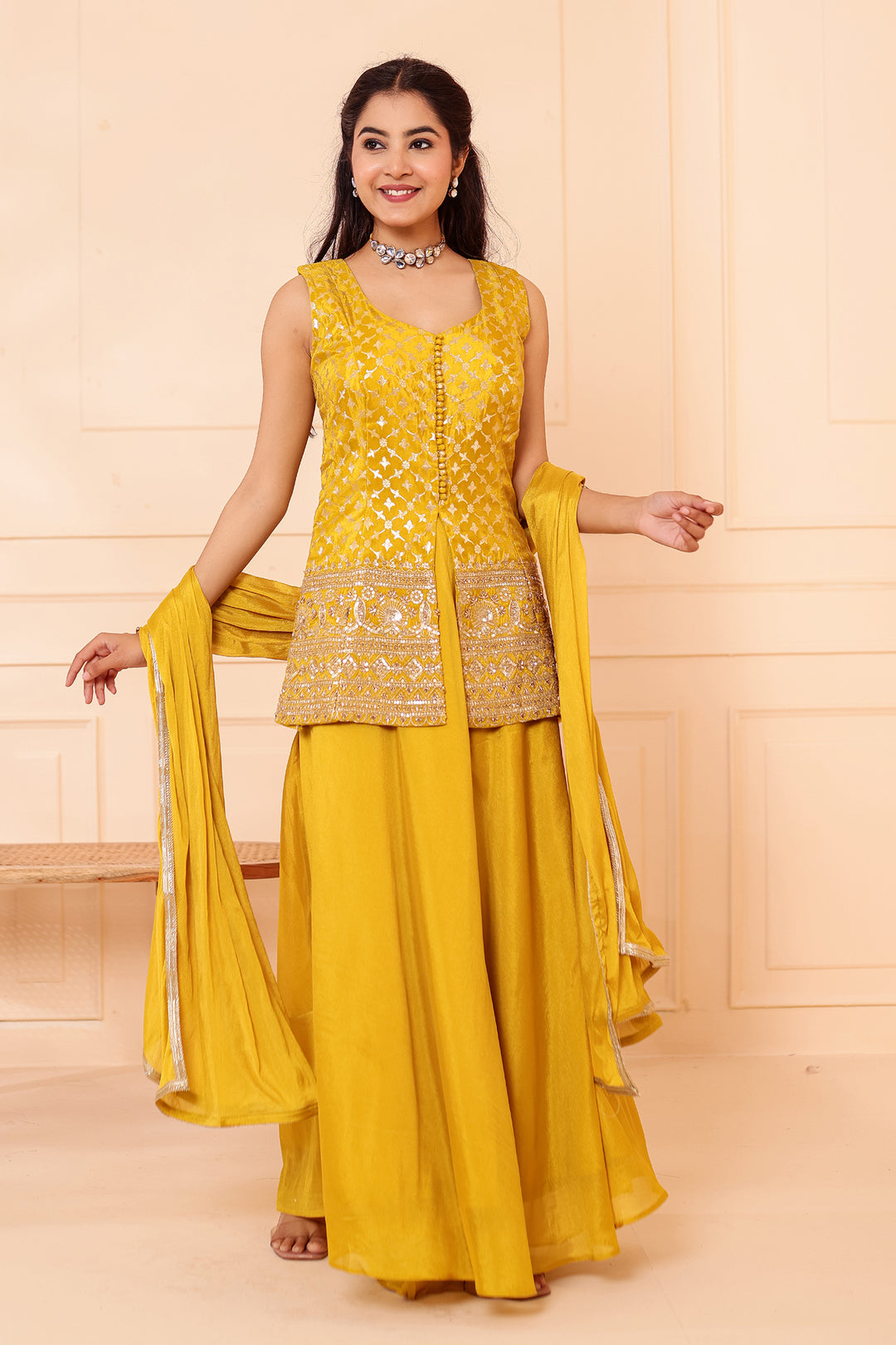 Mustard Banarsi Brocade Silk Palazzo Suit.