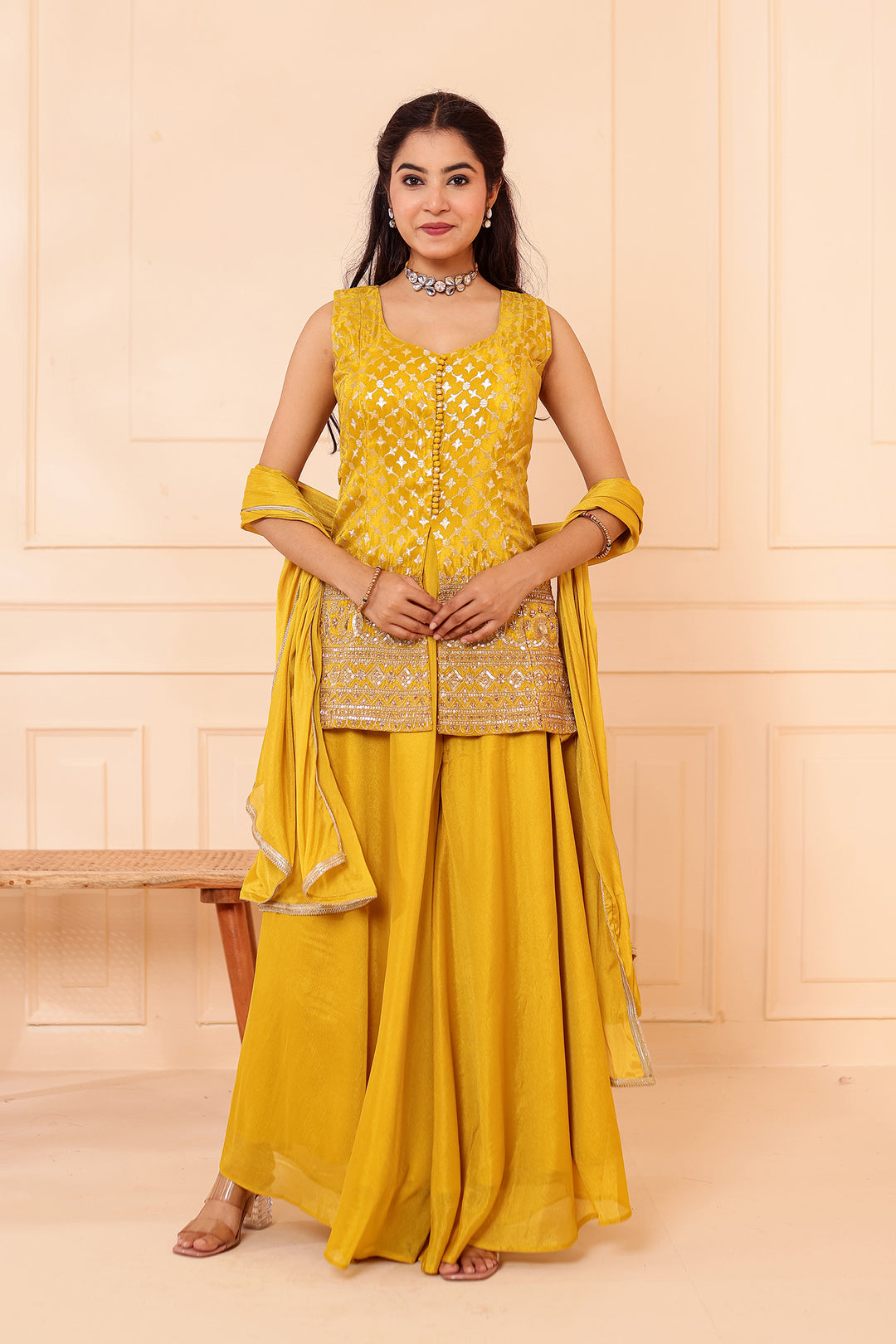 Mustard Banarsi Brocade Silk Palazzo Suit.
