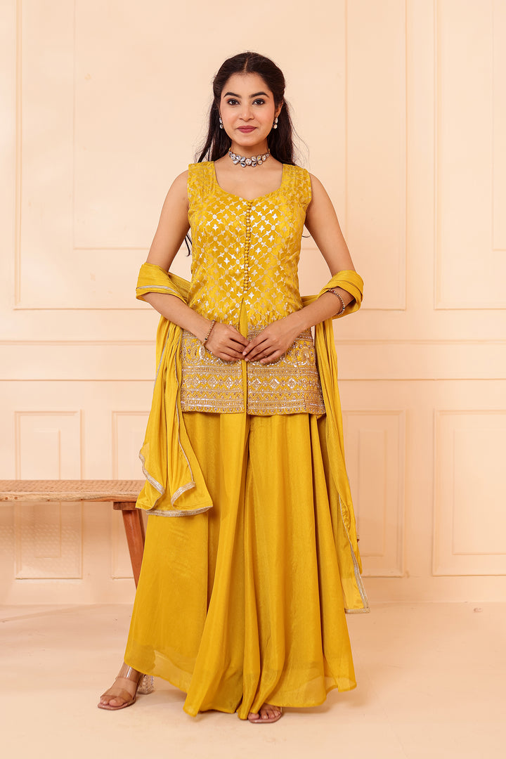 Mustard Banarsi Brocade Silk Palazzo Suit.