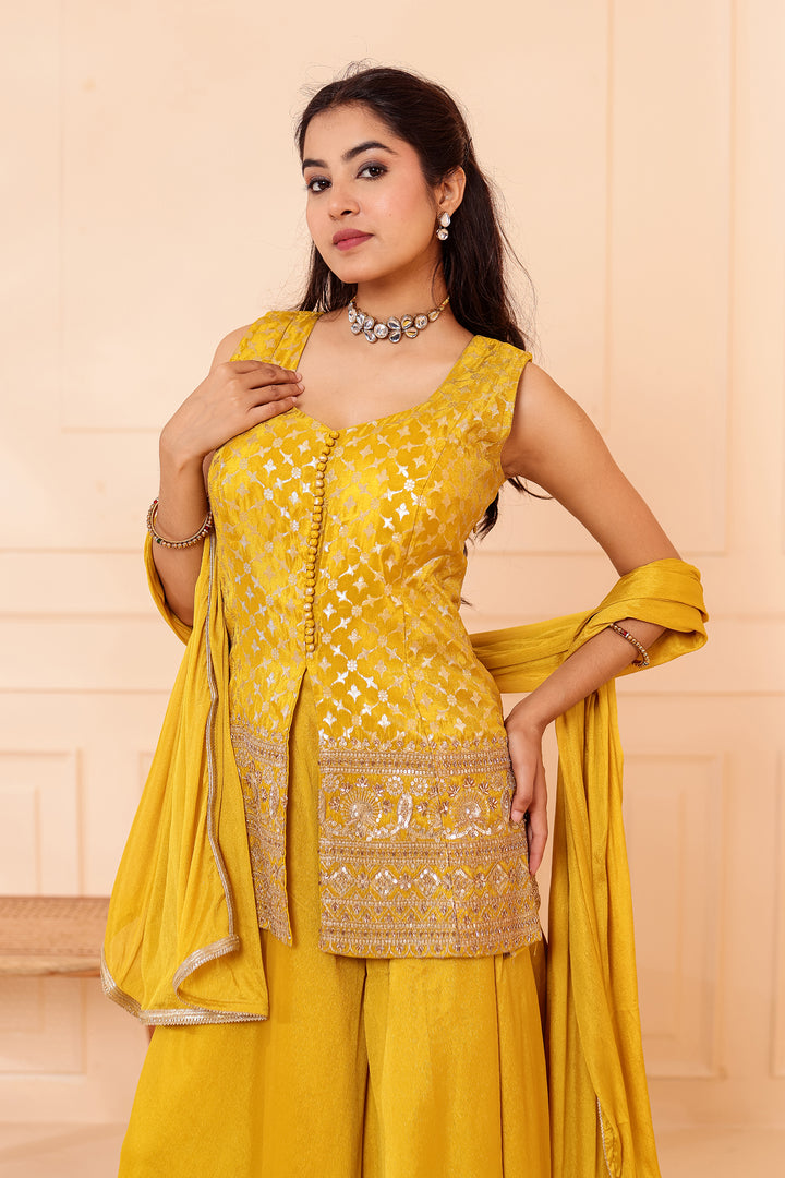 Mustard Banarsi Brocade Silk Palazzo Suit.