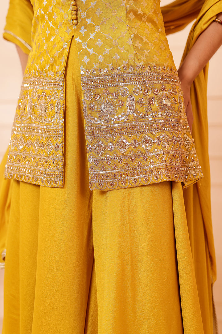Mustard Banarsi Brocade Silk Palazzo Suit.