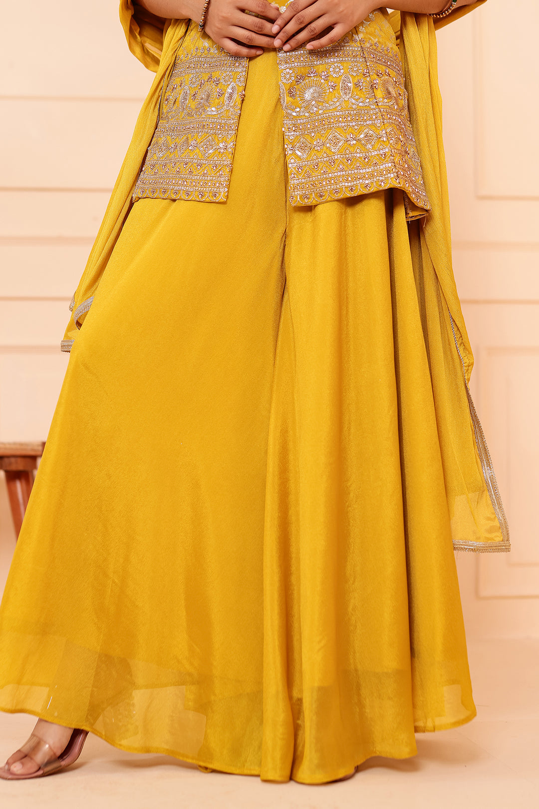 Mustard Banarsi Brocade Silk Palazzo Suit.