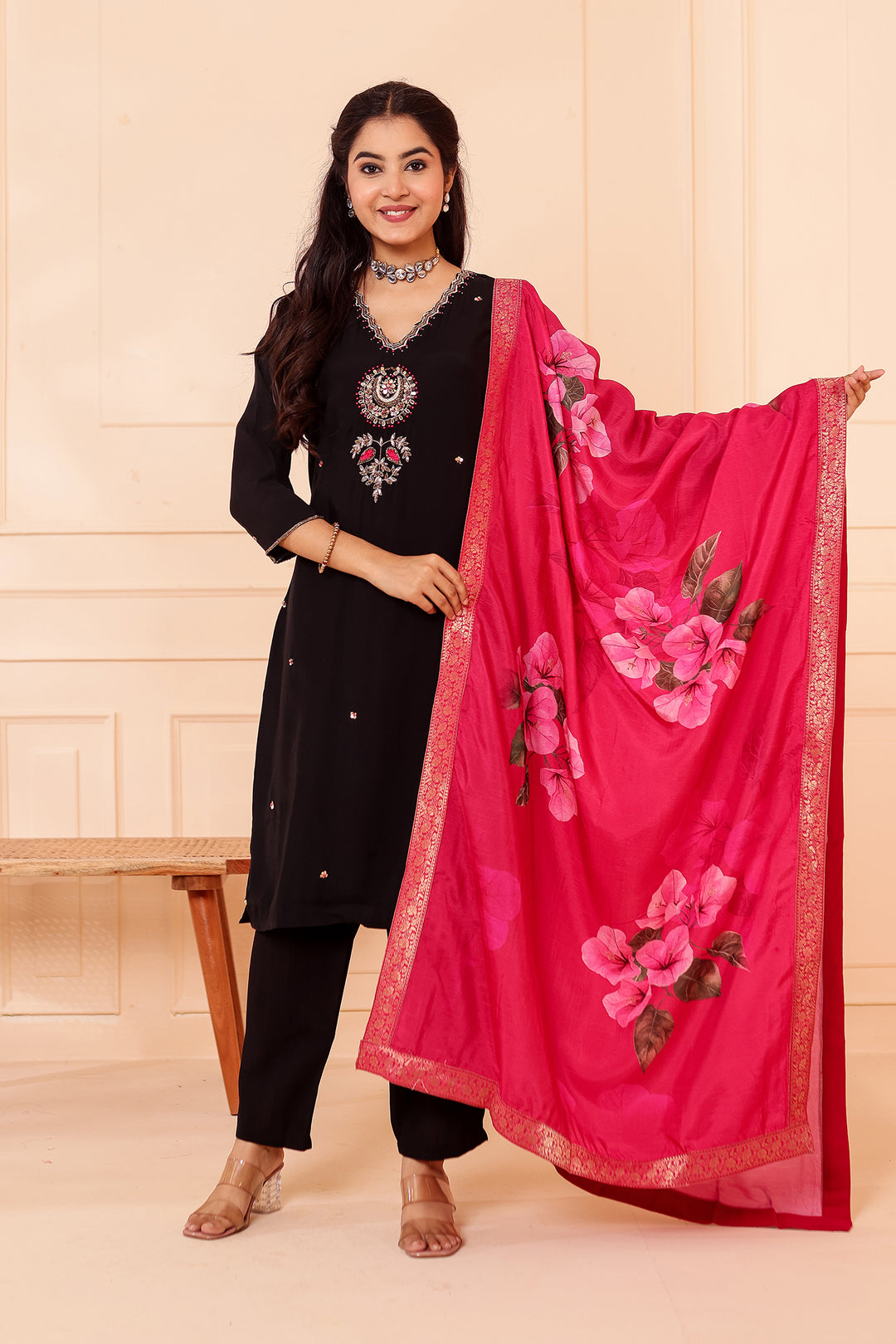 Black Chanderi Silk Straight Cut Suit.