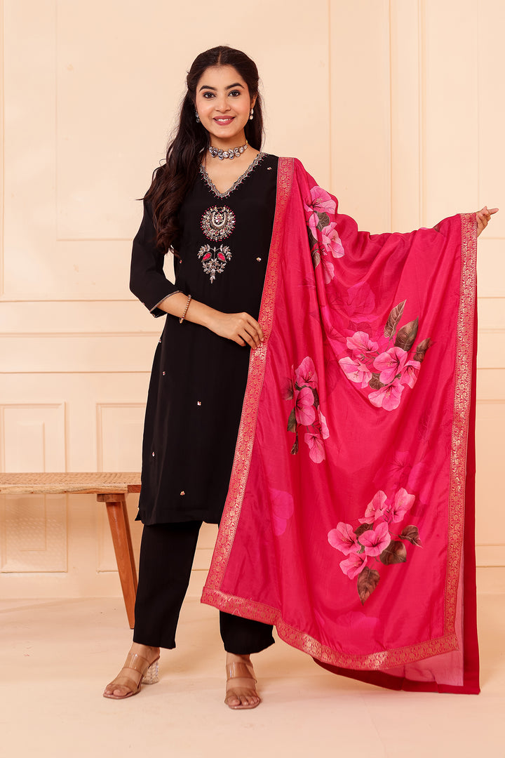 Black Chanderi Silk Straight Cut Suit.