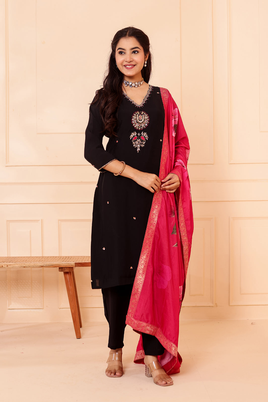 Black Chanderi Silk Straight Cut Suit.