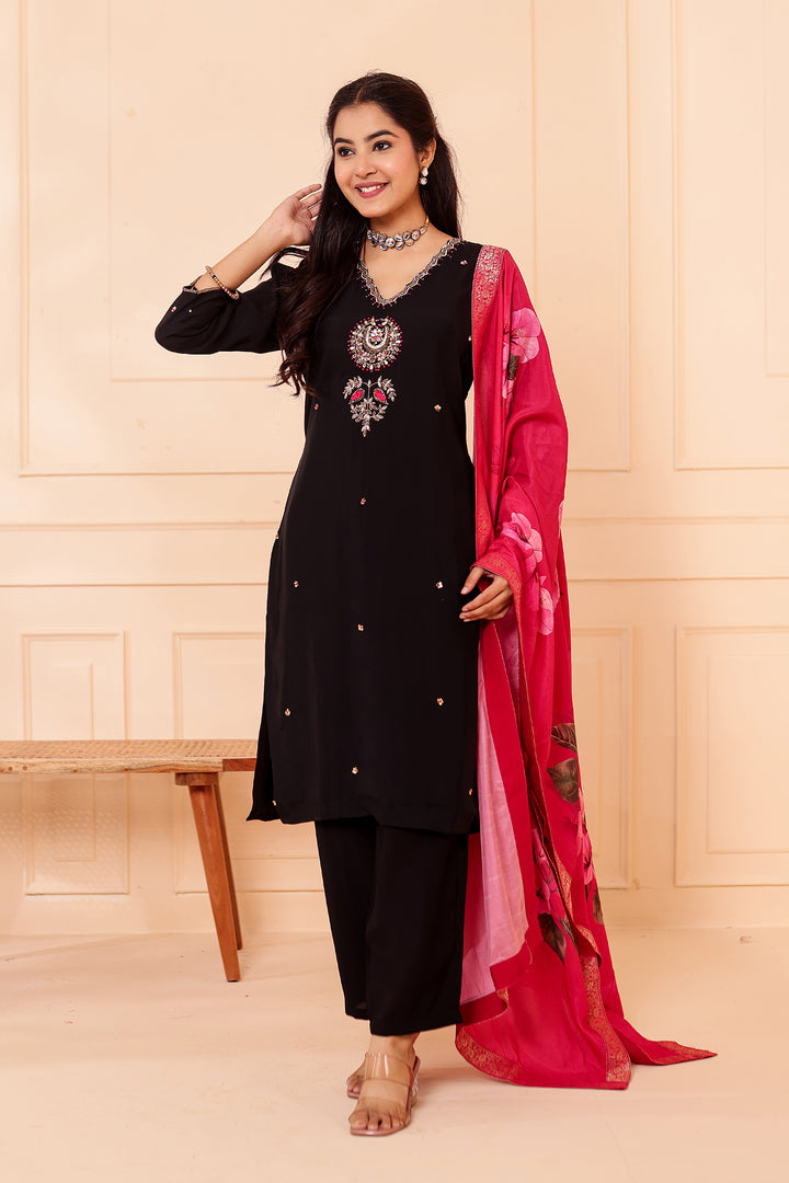 Black Chanderi Silk Straight Cut Suit.