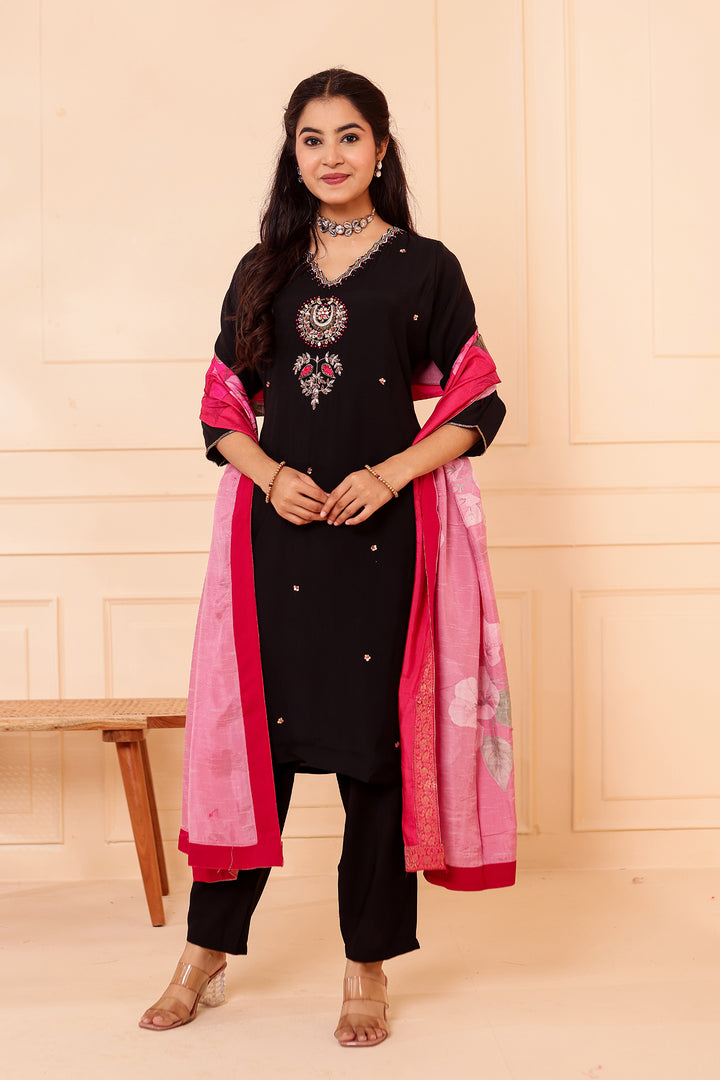 Black Chanderi Silk Straight Cut Suit.