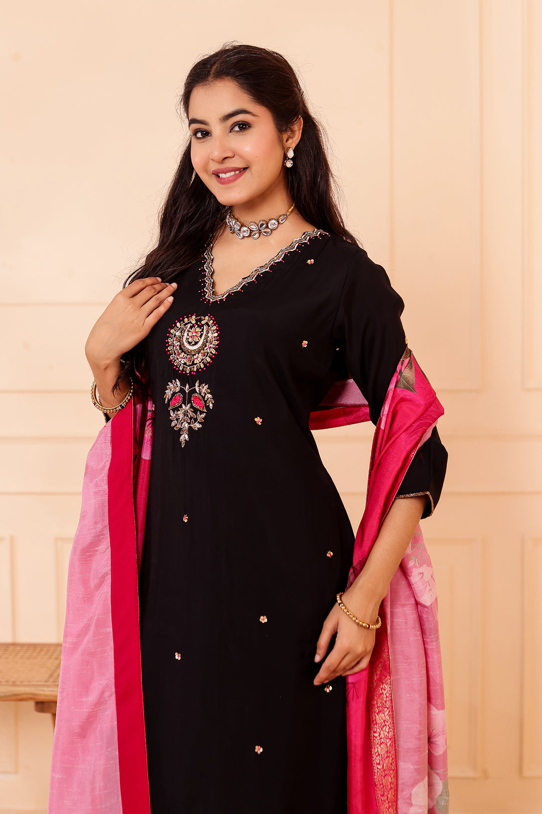 Black Chanderi Silk Straight Cut Suit.