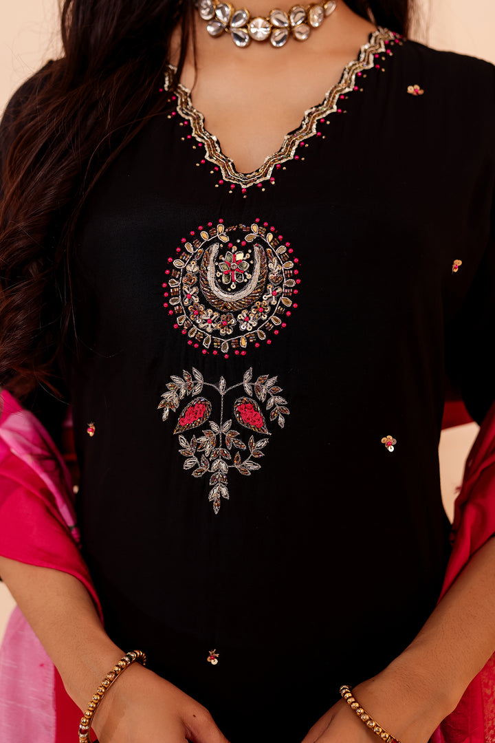 Black Chanderi Silk Straight Cut Suit.