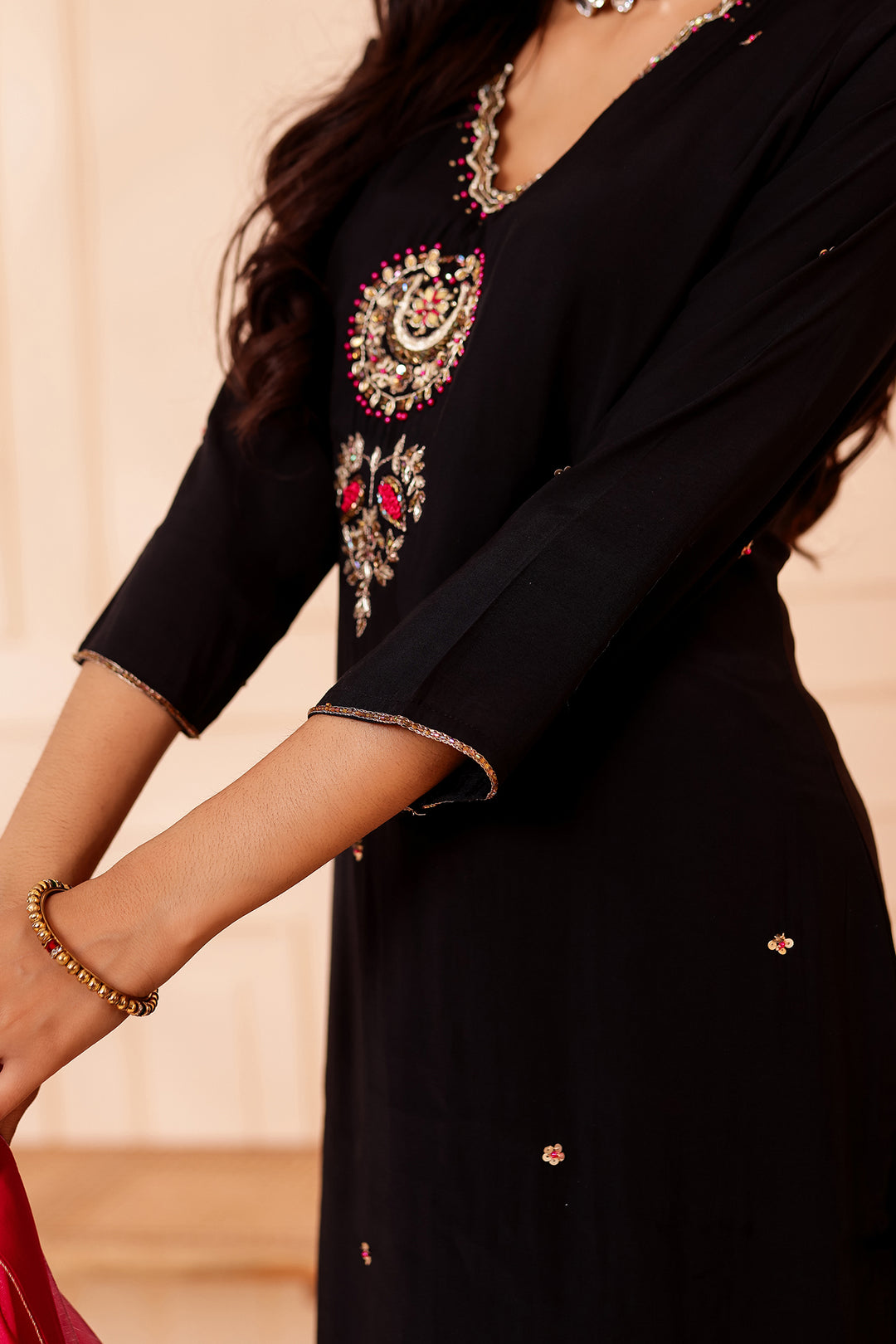 Black Chanderi Silk Straight Cut Suit.