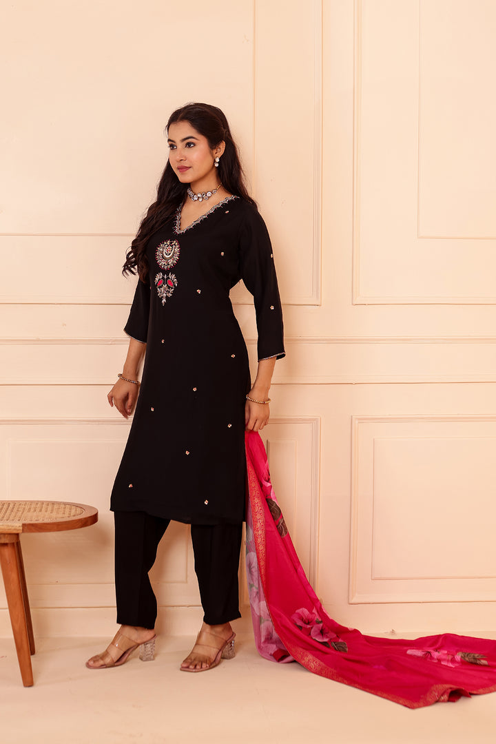 Black Chanderi Silk Straight Cut Suit.