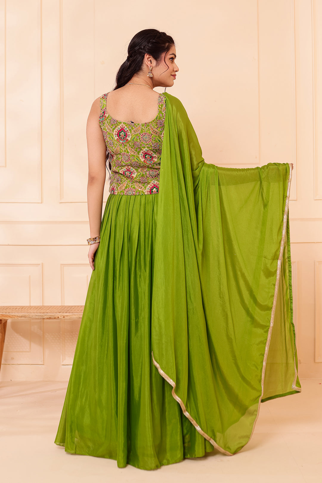 Parrot Green Chinon Silk Lehenga Choli.