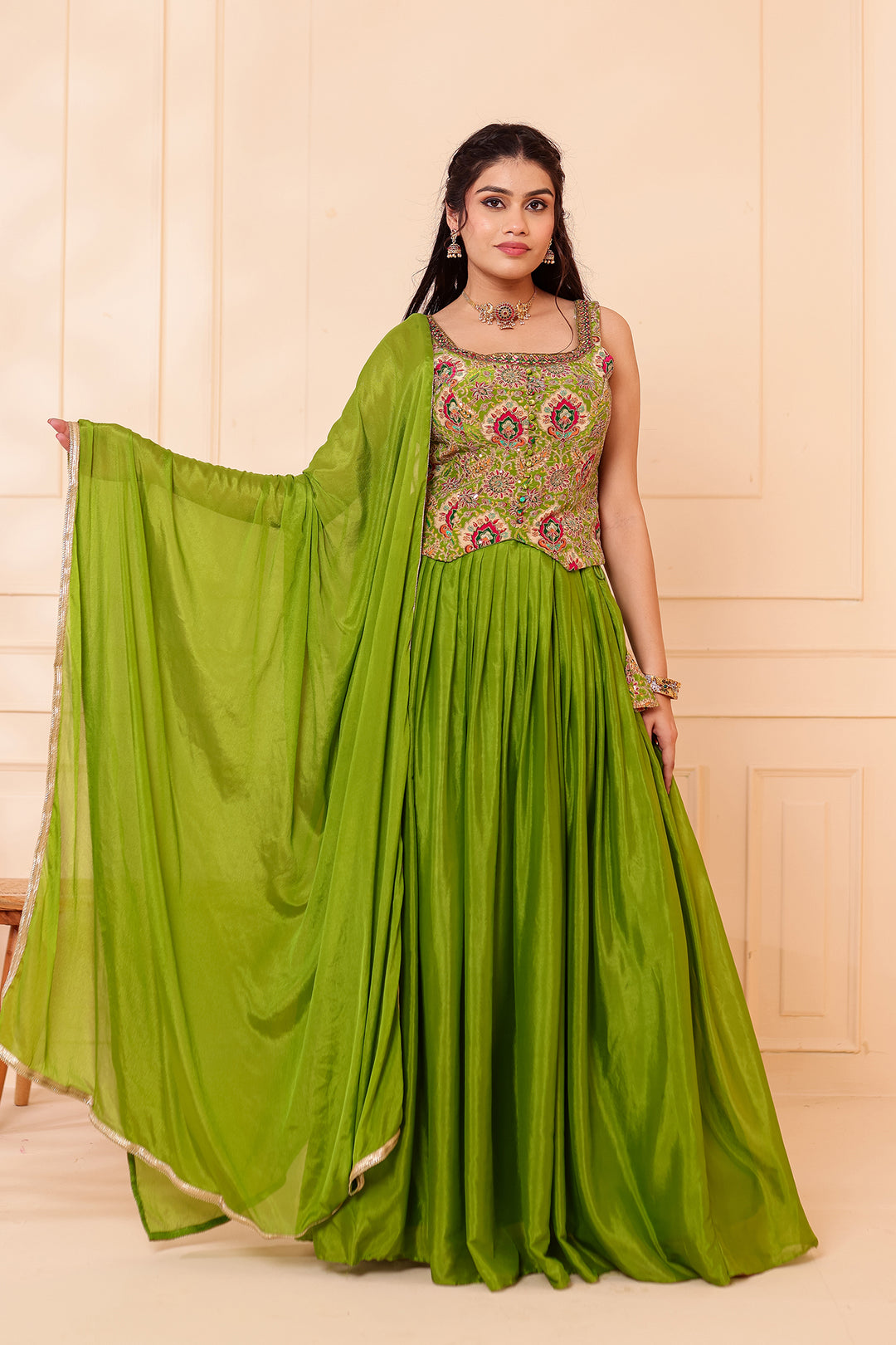 Parrot Green Chinon Silk Lehenga Choli.