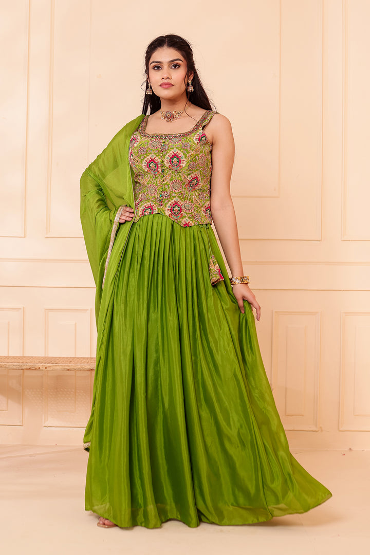 Parrot Green Chinon Silk Lehenga Choli.