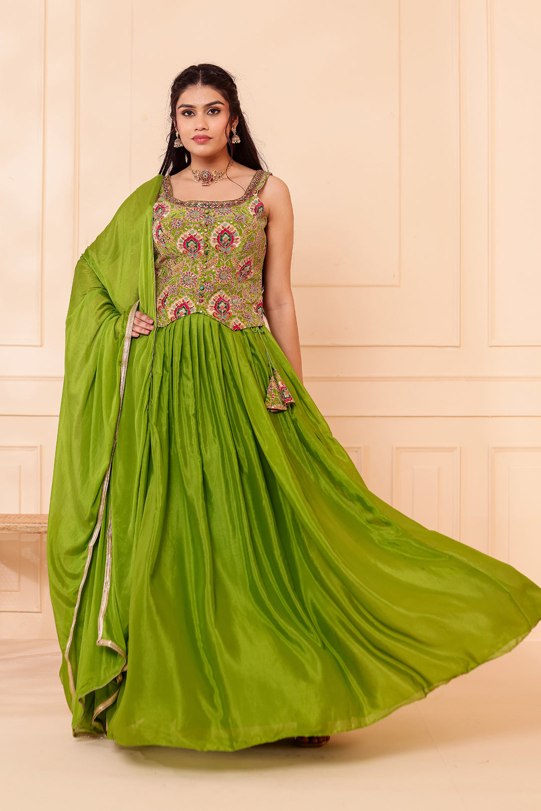 Parrot Green Chinon Silk Lehenga Choli.