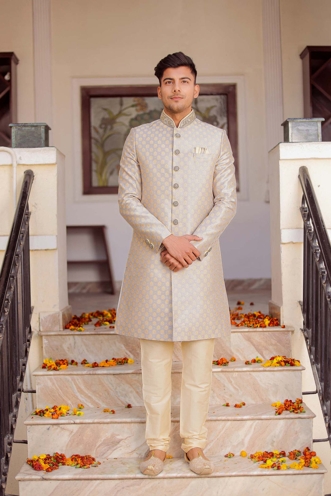 Grey Brocade Silk Indo-Western Suit