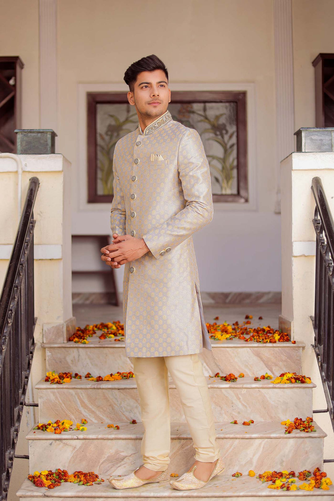 Grey Brocade Silk Indo-Western Suit