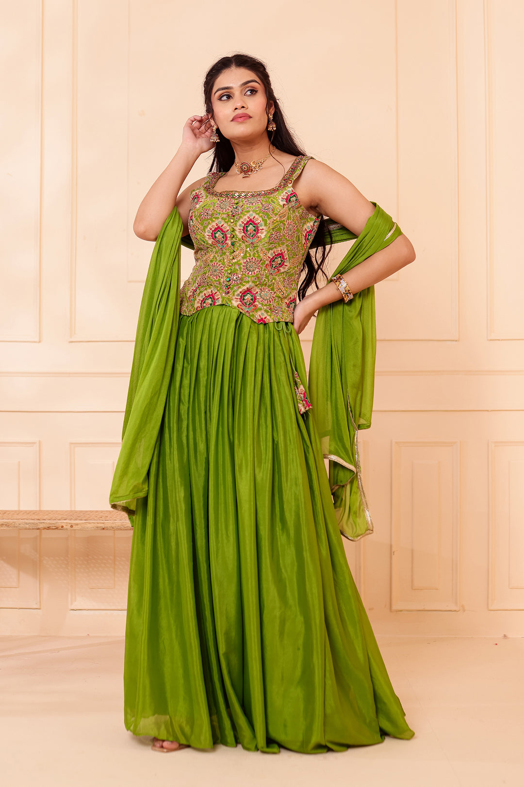 Parrot Green Chinon Silk Lehenga Choli.