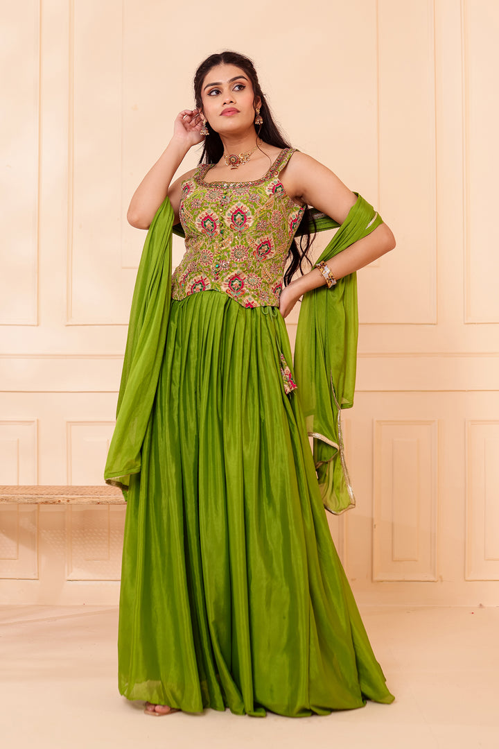 Parrot Green Chinon Silk Lehenga Choli.