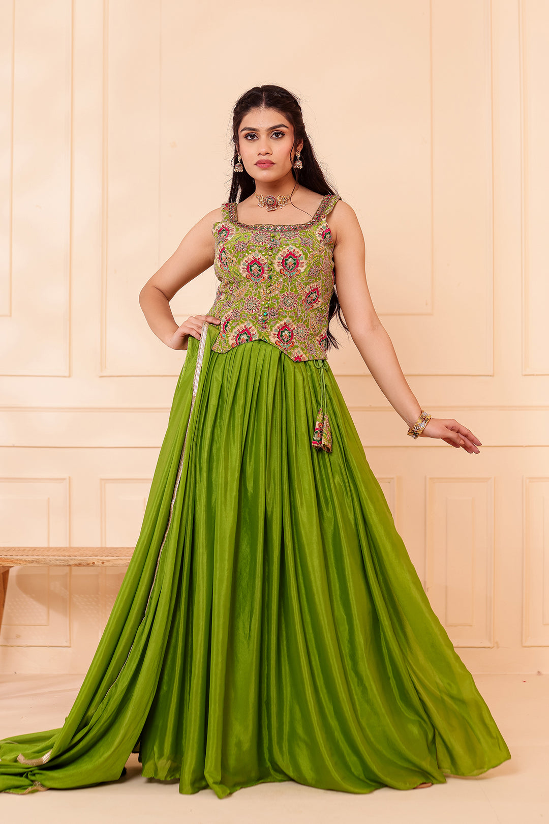 Parrot Green Chinon Silk Lehenga Choli.