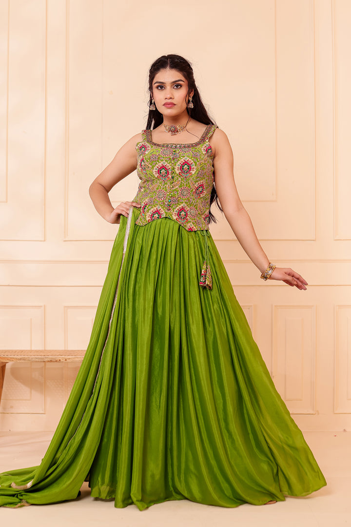 Parrot Green Chinon Silk Lehenga Choli.