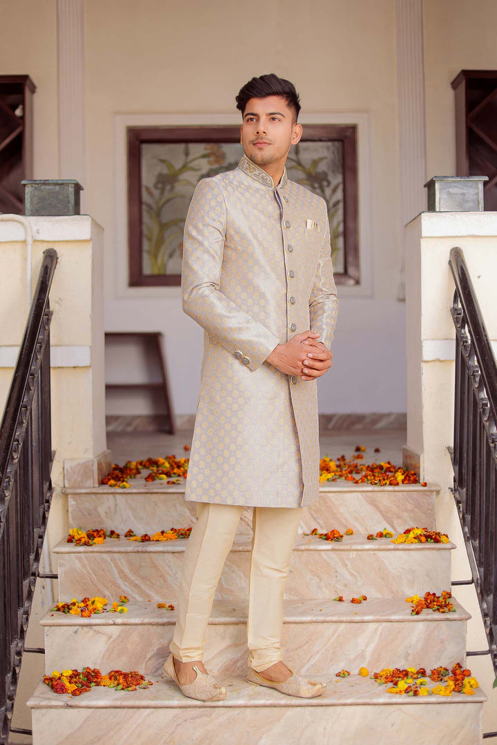 Grey Brocade Silk Indo-Western Suit