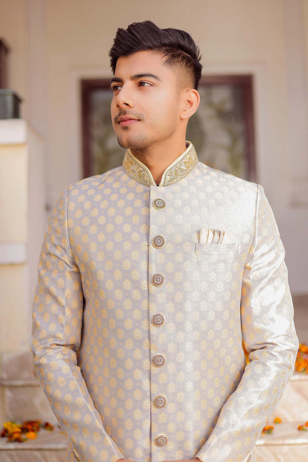 Grey Brocade Silk Indo-Western Suit