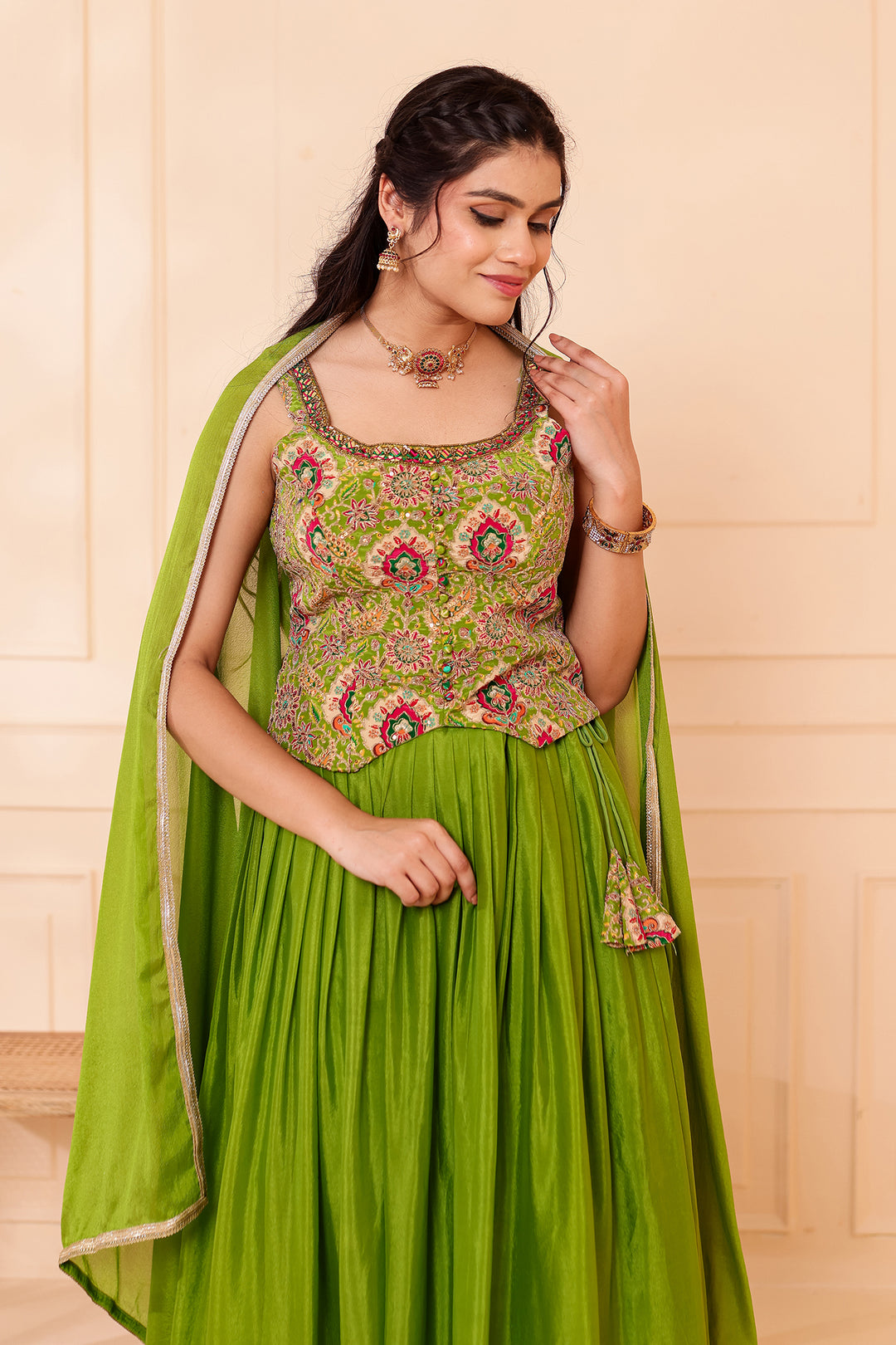 Parrot Green Chinon Silk Lehenga Choli.