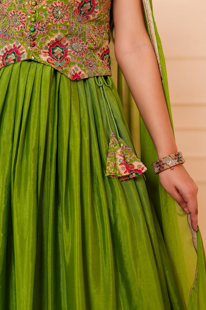 Parrot Green Chinon Silk Lehenga Choli.