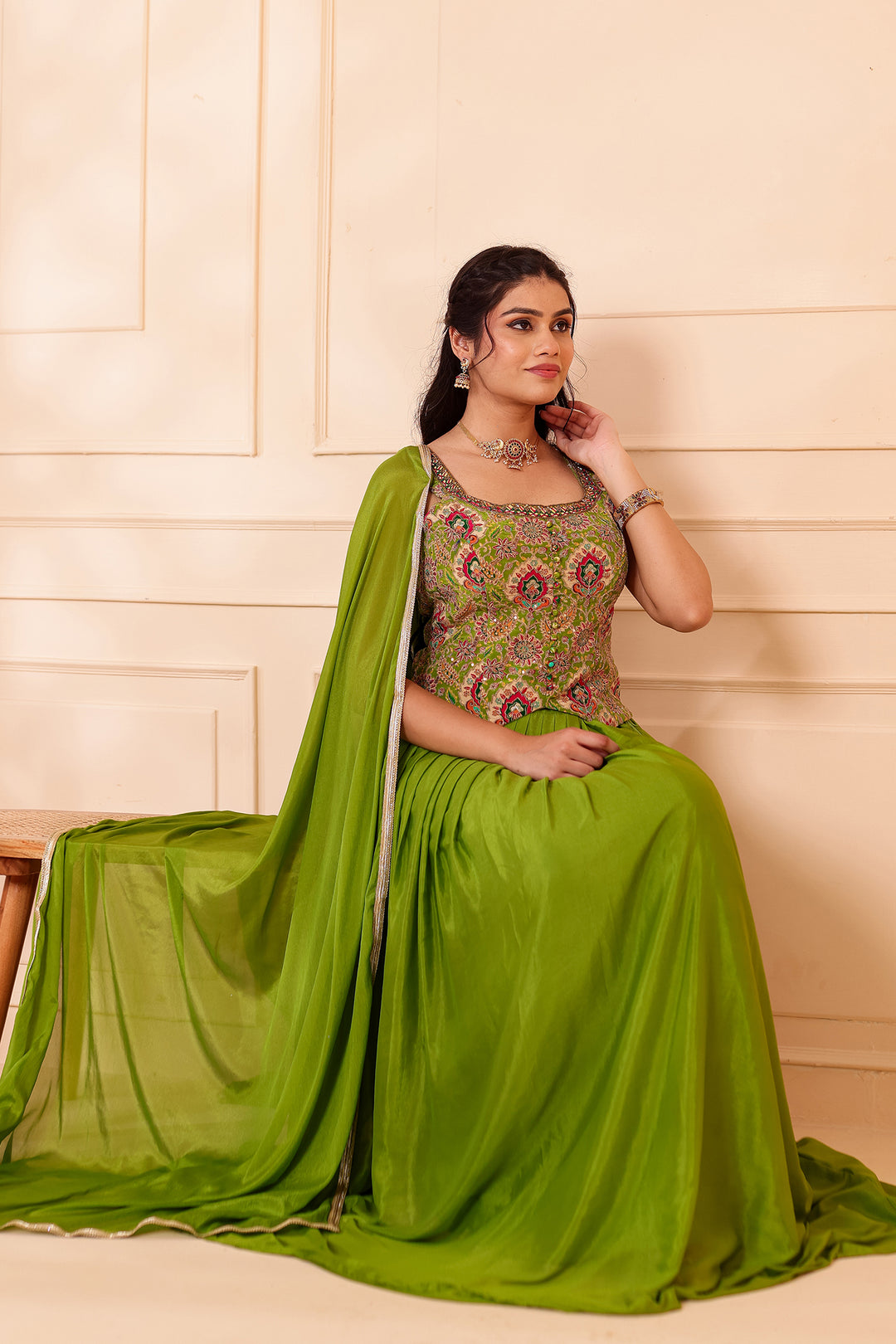 Parrot Green Chinon Silk Lehenga Choli.