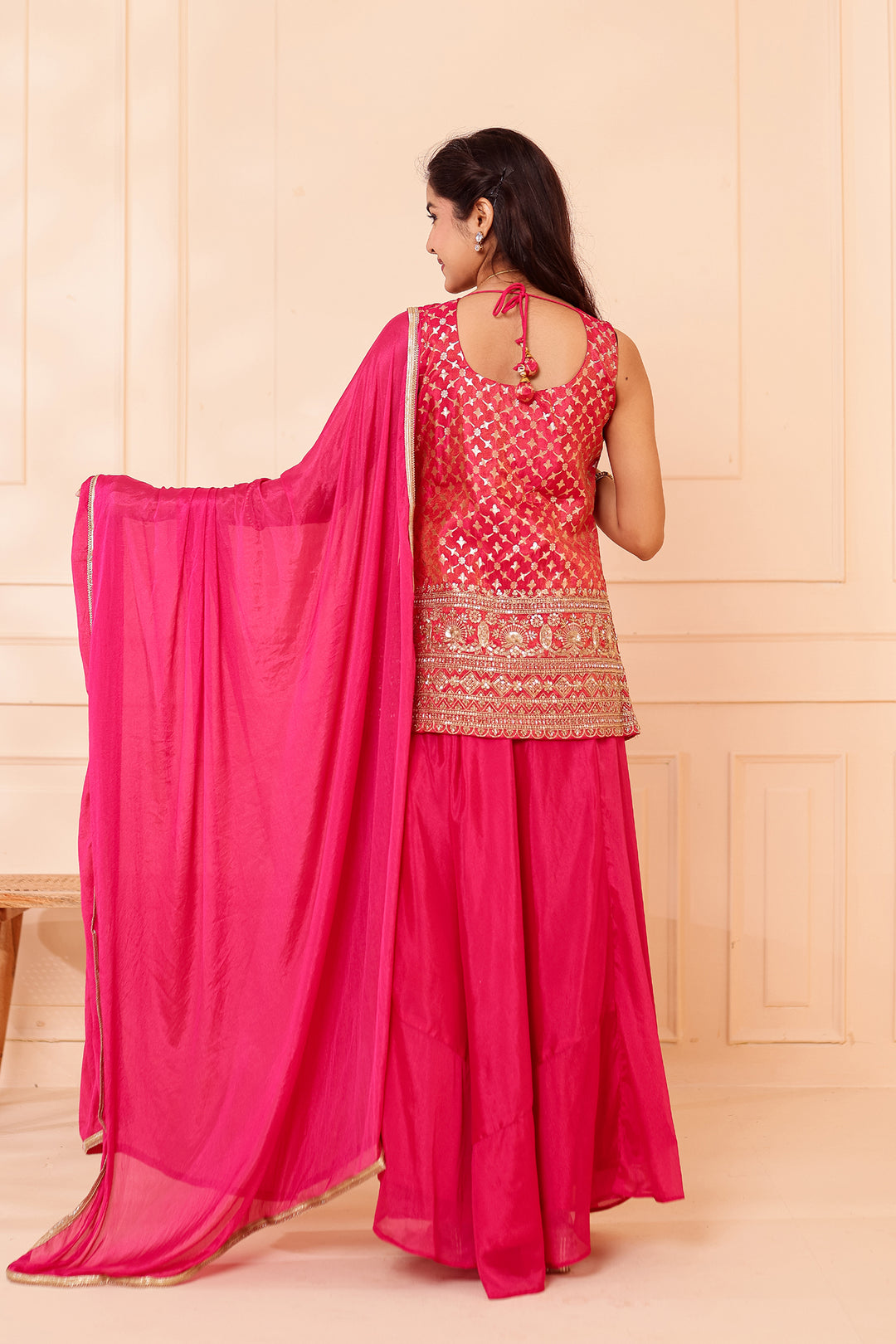 Rani Pink Banarsi Brocade Silk Palazzo Suit.