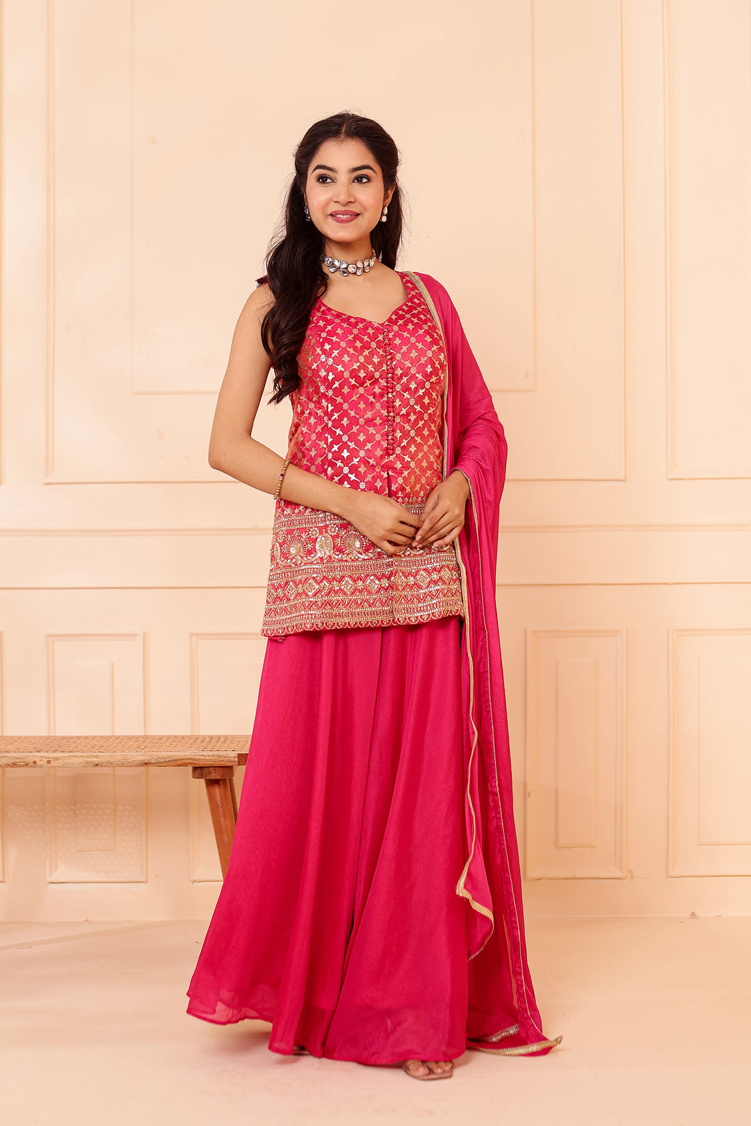 Rani Pink Banarsi Brocade Silk Palazzo Suit.