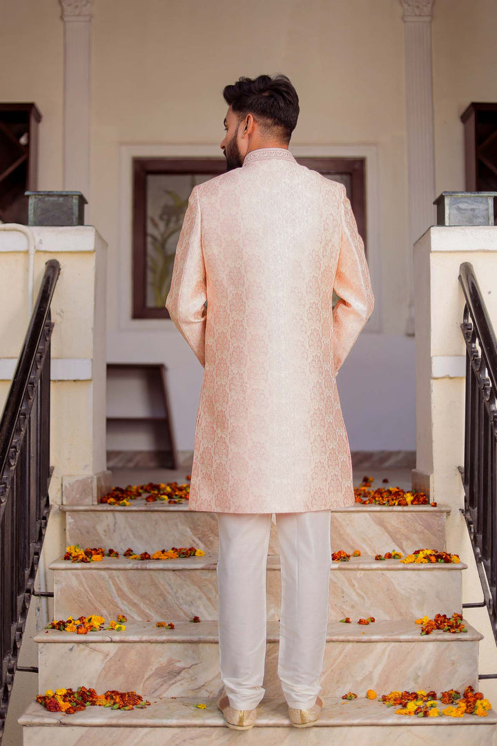 Peach Brocade Silk Indo-Western Suit