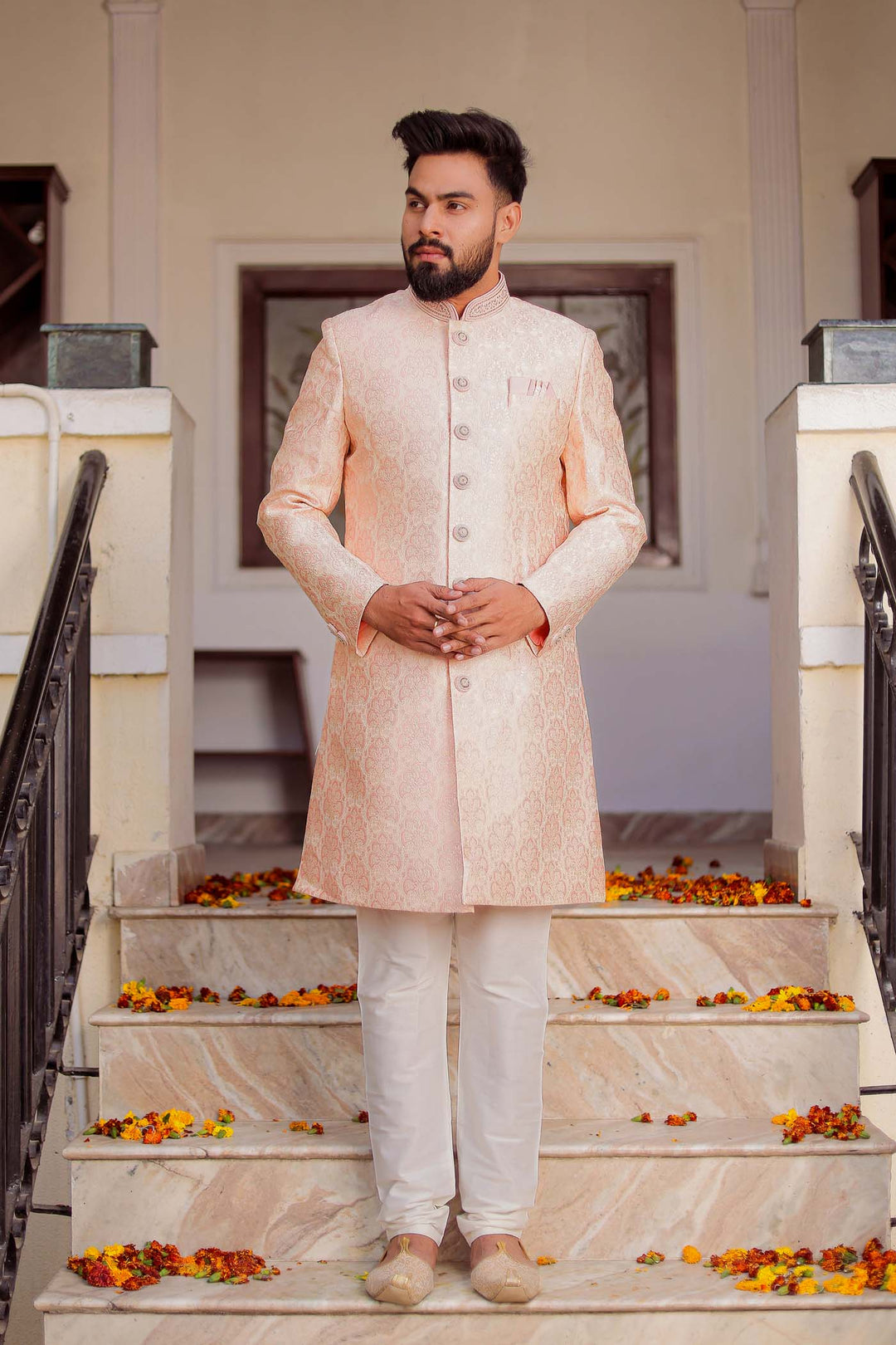 Peach Brocade Silk Indo-Western Suit